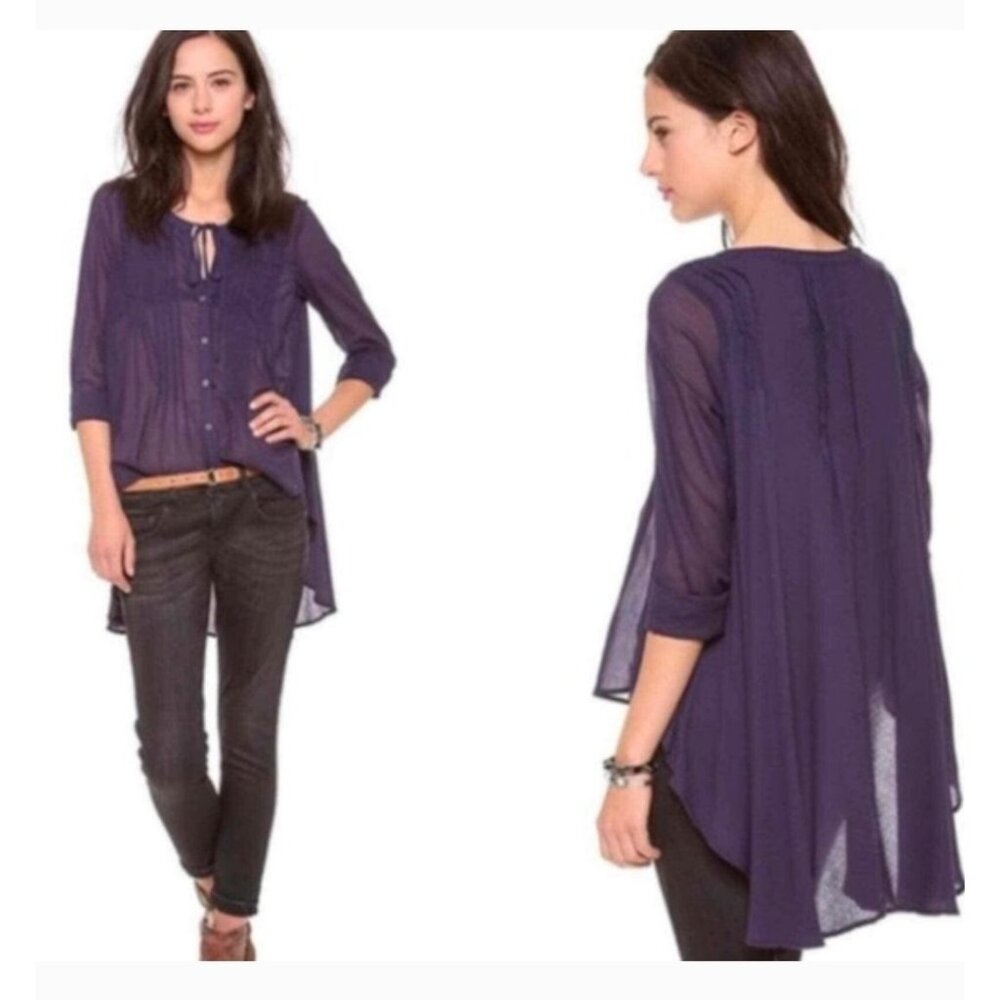 Free People Sisters Of The Moon Sheer Gauzy High Low Blue Button-Up Blouse M